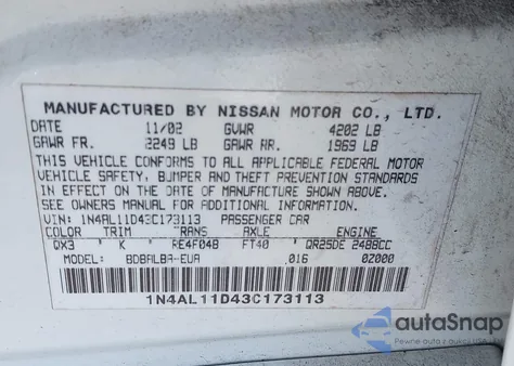 2003 Nissan Altima 2.5 S z USA, uszkodzony, nr VIN 1N4AL11D43C173113